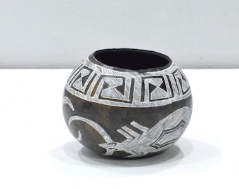 African Black White Etched Gourd Bowl Kamba Kenya