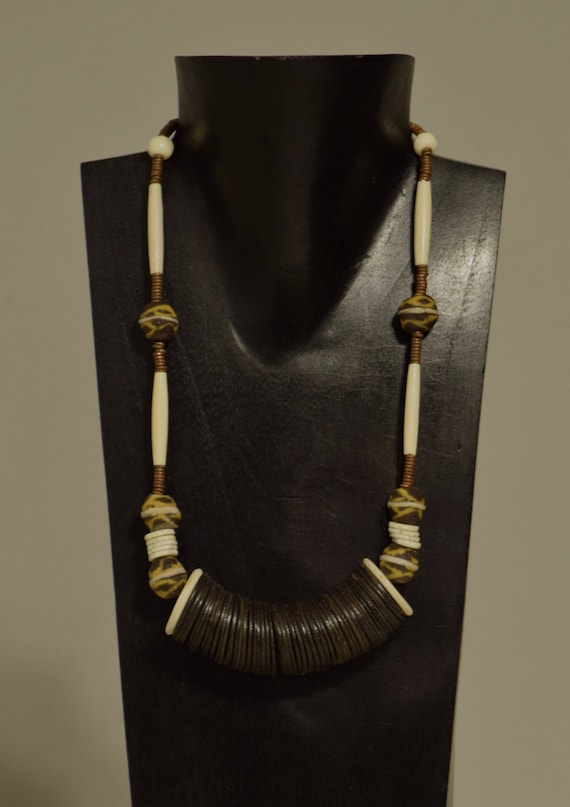 Necklace Large African Coconut Shell Discs Ostrich Shell African Glass Handmade Jewelry Bone Copper Heishi African Glass Beaded Neckace