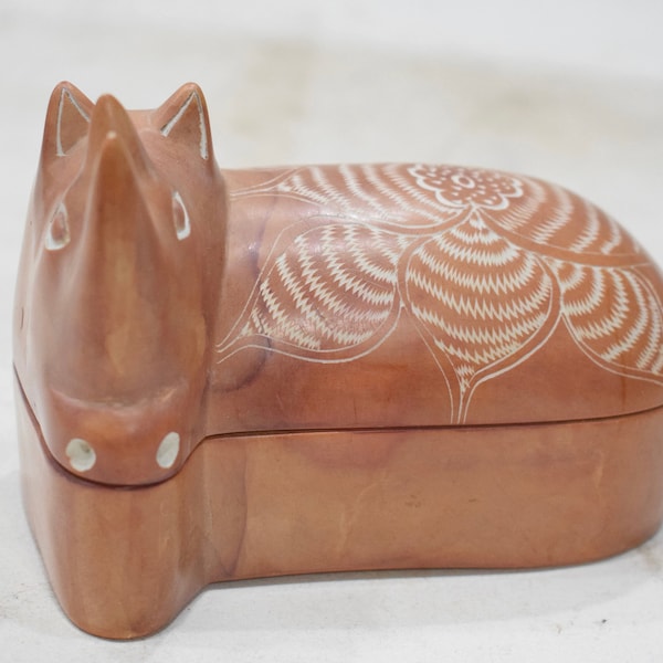 Africna Carved Soapstone Rhino Design Box Kenya