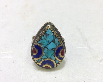 Tibetan Turquoise Coral Lapis Ring