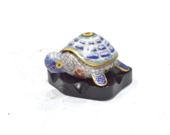 Chinese Cloisonne Turtle Trinket Box on Stand