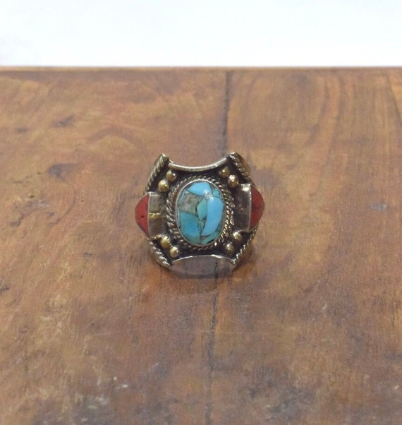 Tibetan Silver Turquoise Coral Ring - image 1