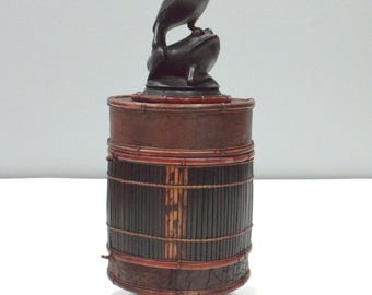 Basket Indonesian Palm Leaf Container Animal Wood Carving Top