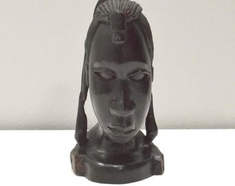 African Female Bust Ebony Wood Carved Sculpture Tanzania