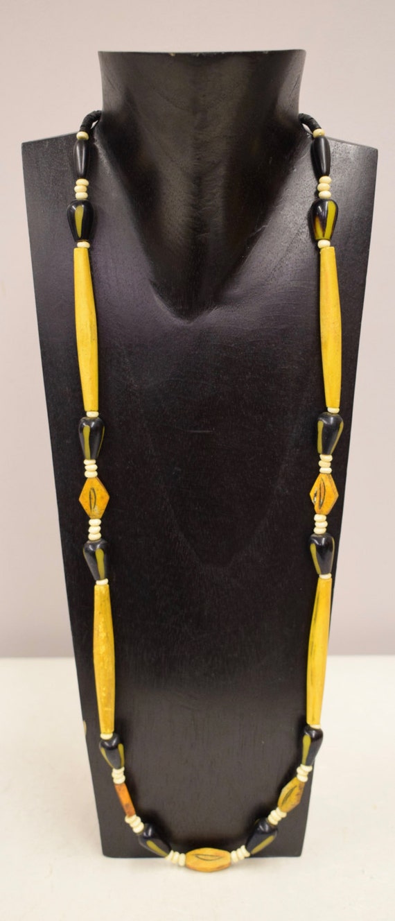 Necklace Vintage Africa Black Yellow Beads Etched 