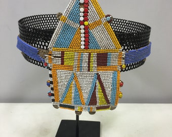 African Belt Masai Men’s Belt Beaded Handmade Blue Orange Belt Beaded Knife Sheath Belt