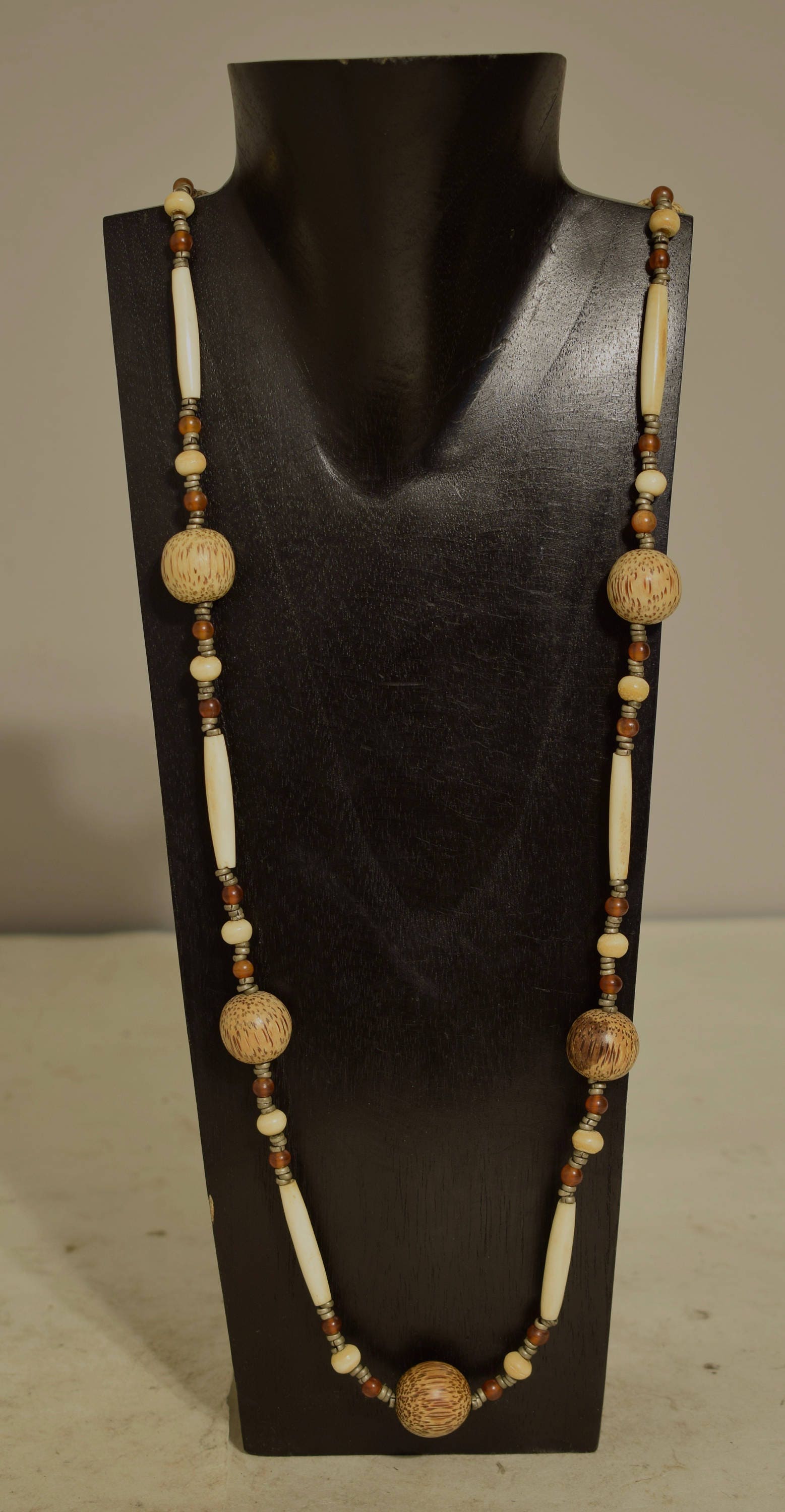 Necklace Philippine Palmwood Bone Horn Silver Beaded Handmade Long