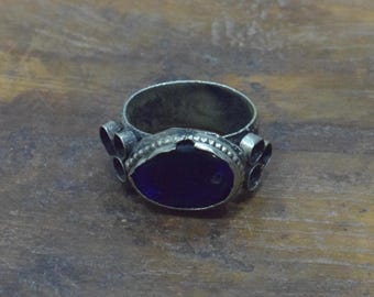 Middle Eastern Silver Blue Glass Kuchi Ring Size 8