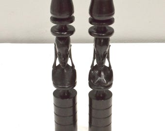 African Candle Stick Pair Ebony Wood Abstract Design Tanzania