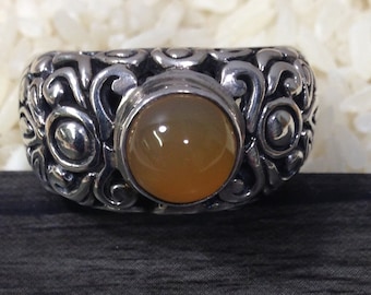 Ring Sterling Silver Ornate Amber Ring