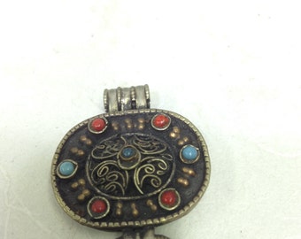 Nepal Silver Amulet Box Turquoise Coral Pendant