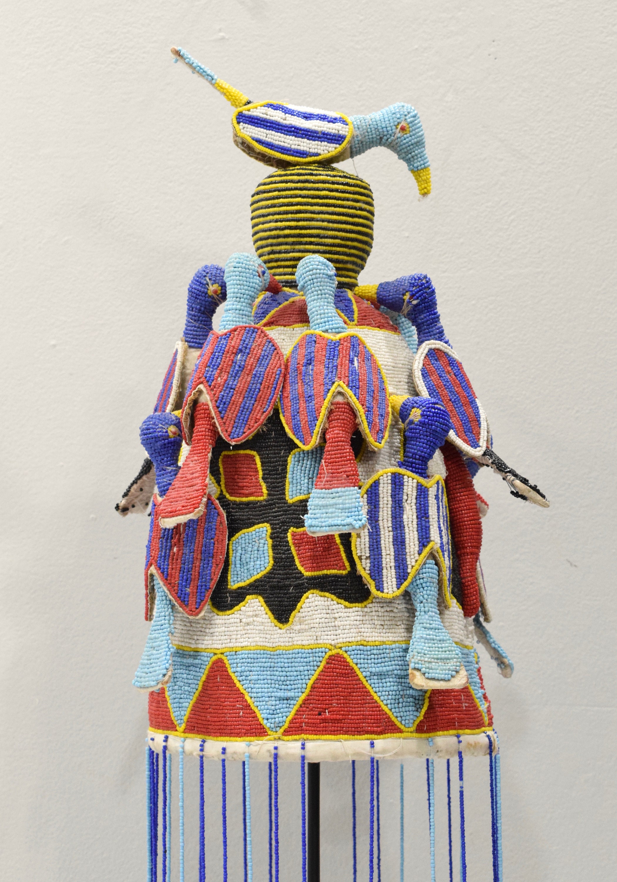 Yoruba Blue and White Beaded Crown on Stand with Birds - Item: 10502