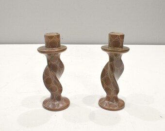 African Carved Soapstone Candle Holder Set Abstract Design Kenya