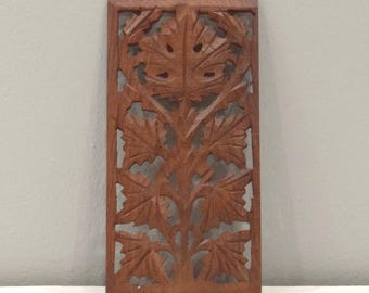 Indian Hand Carved Teak Wood Screen Panel Piece Geometric Floral Design
