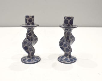 African Carved Soapstone Candle Holder Set Abstract Design Kenya