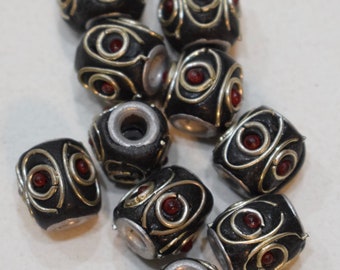 Beads India Silver Inlaid Black Red Glass Barrel Beads 12mm