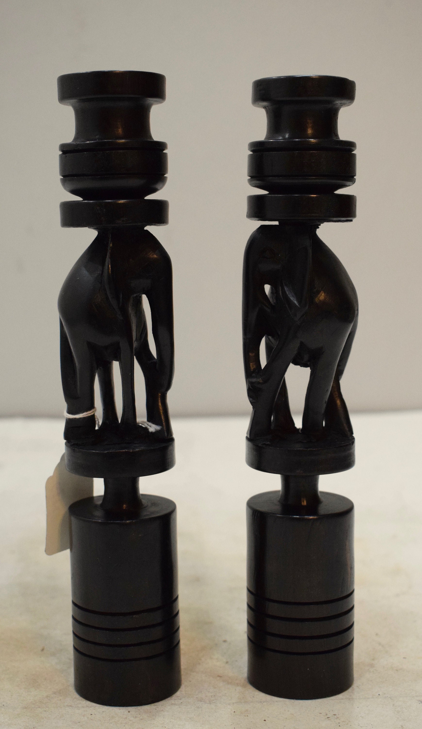African Candle Holders Pair Ebony Wood Elephant Design Tanzania Candle