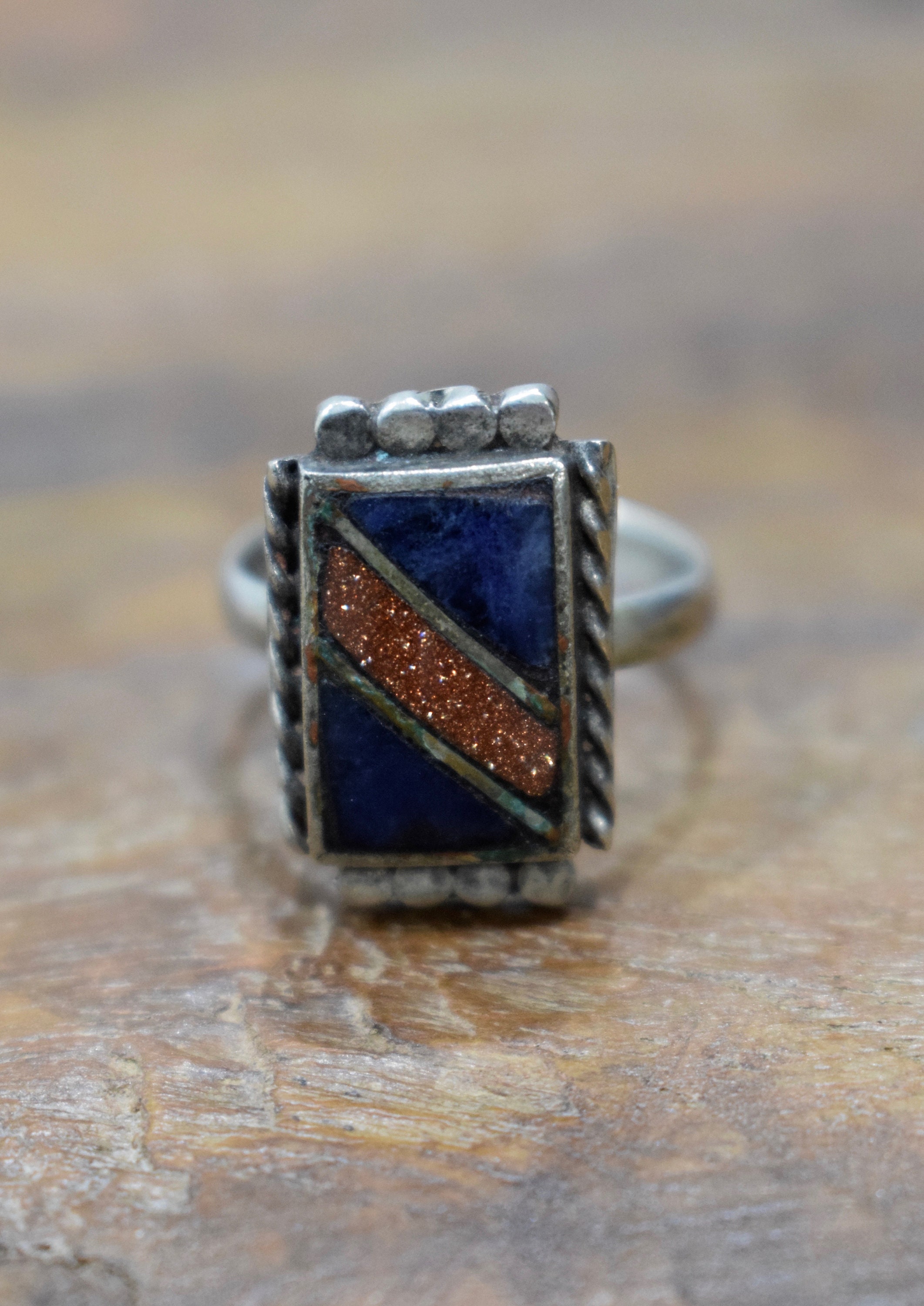 Ring Sterling Silver Square Lapis Goldstone Stone Ring