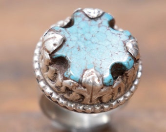 Ring Turquoise Silver Tibetan Round Adjustable Ring