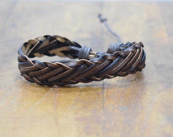 Bracelet Leather Black Brown Flat Woven Tie Bracelet
