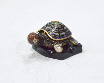 Chinese Cloisonne Turtle Trinket Box on Stand
