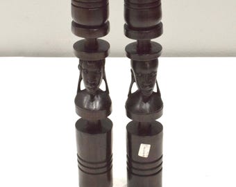 African Candle Stick Pair Ebony Wood Abstract Design Tanzania