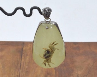 Silver Yellow Faux Amber Resin Bug Pendant