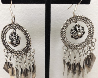 Chinese  Earrings Silver Miao Hill Tribe Handmade Handcrafted Etched Flower Dangle Tribal Earrings Gift for Her Jewelry Birthday Gift Idea