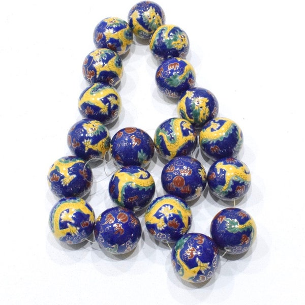 Beads Chinese Porcelain Large Blue Dragon Bead