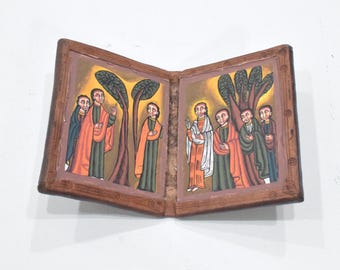 African Ethiopian Orthodox Altar Icon Painted Wood Leather Etched Case
