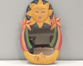 Indonesian Sun Moon Folk Art Wall Mirror