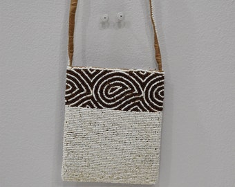 Purse Beaded Brown White Shoulder Bag