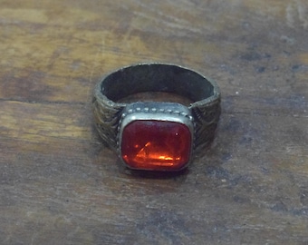 Middle Eastern Silver Red Glass Kuchi Ring Size 8.5