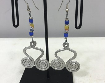 Earrings African Aluminum  Double Twist Coiled Blue Yellow Sandcast Bead Masai Beaded Earrings Handmade Aluminum Women EarringsTribal E65