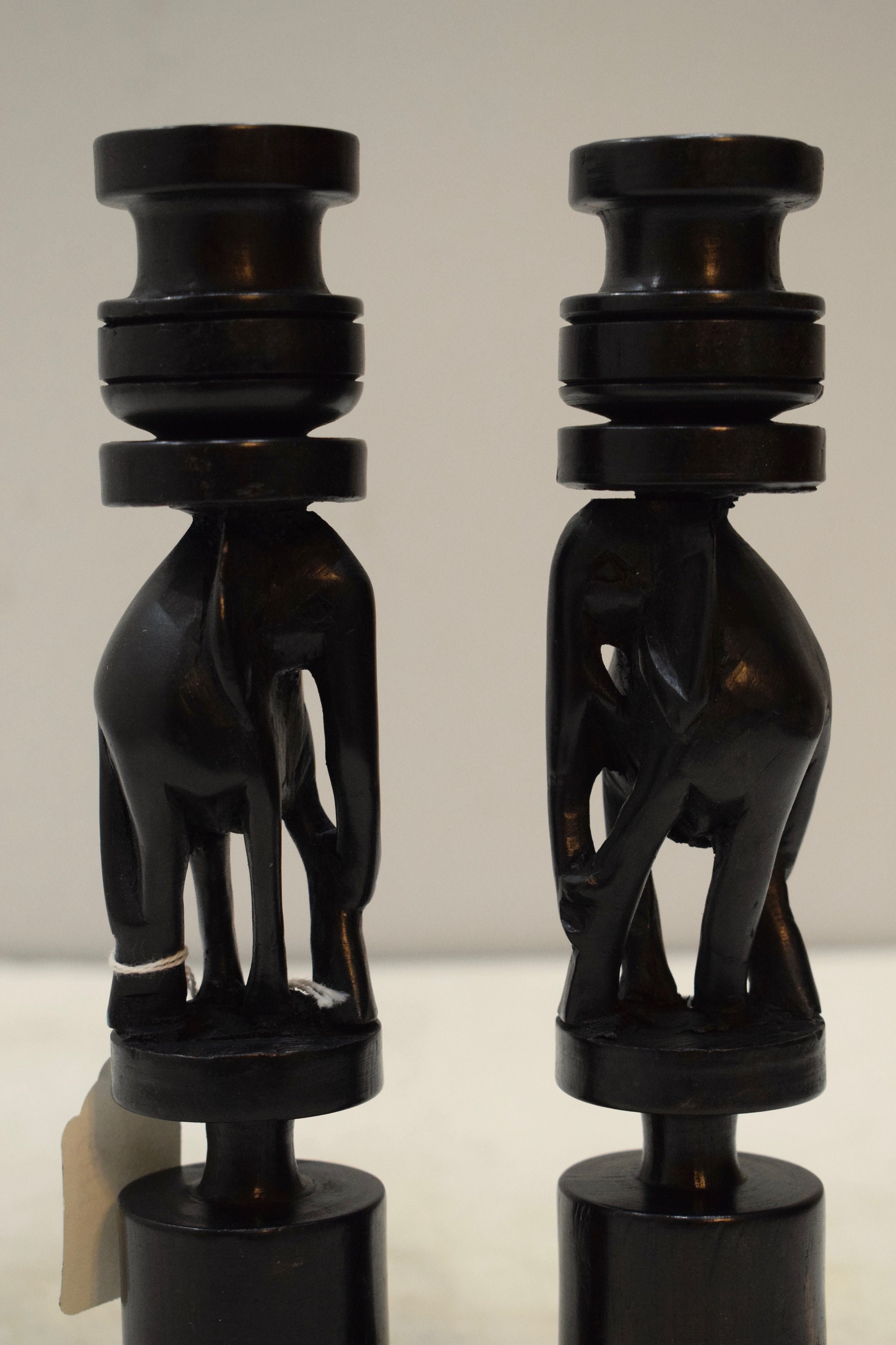 African Candle Holders Pair Ebony Wood Elephant Design Tanzania Candle