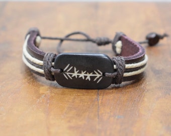 Bracelet Brown Leather Beige Hemp Brown Etched Bone Tie Bracelet