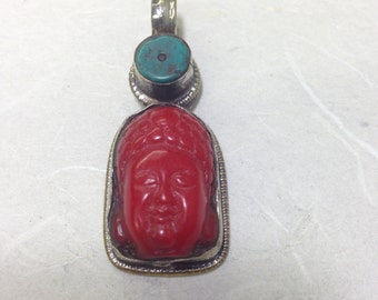 Tibetan Red Resin Turquoise Brass Pendant