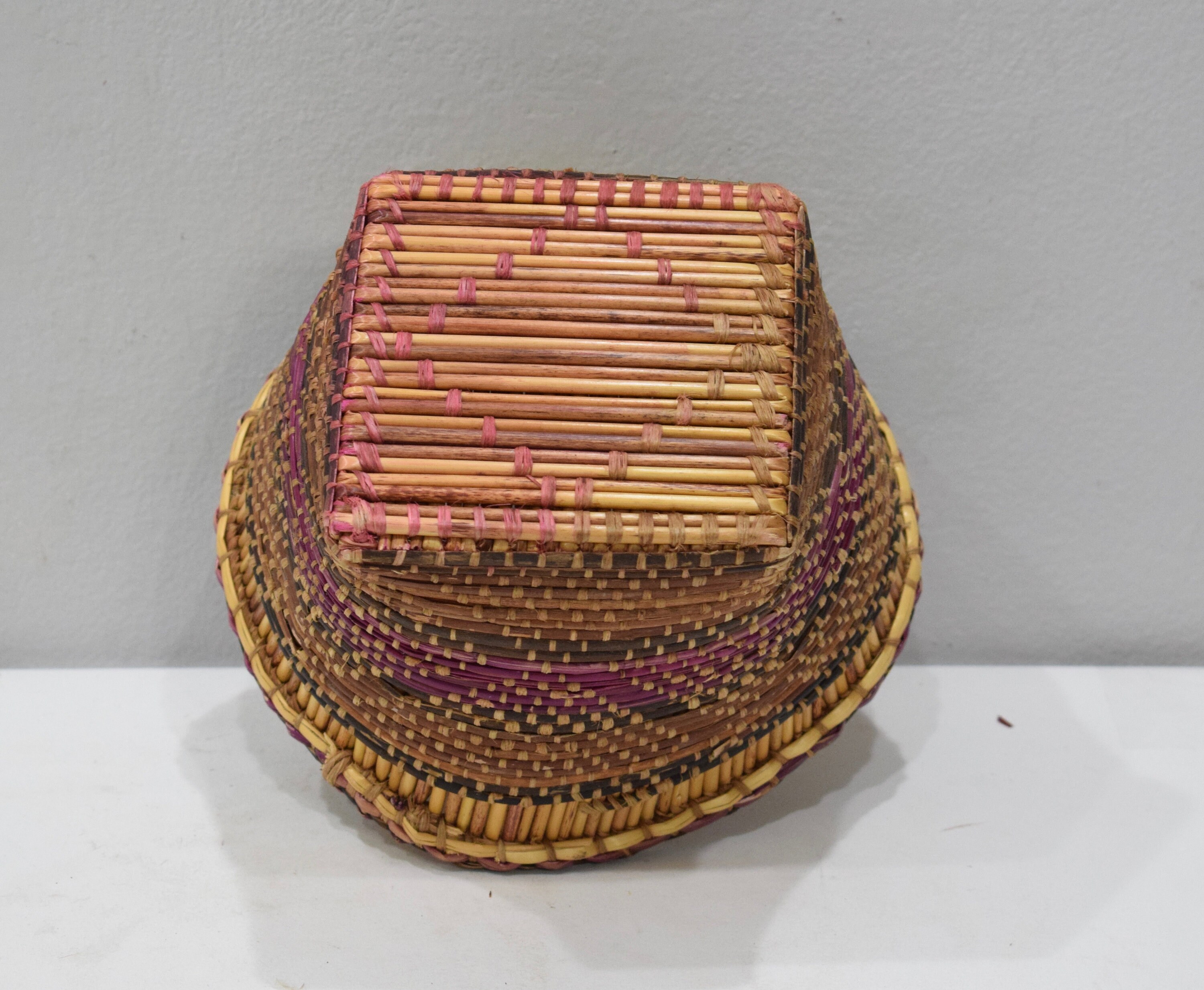 Basket African Round Red Black Reed Basket