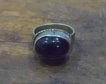 Middle Eastern Silver Black Glass Kuchi Ring Size 10