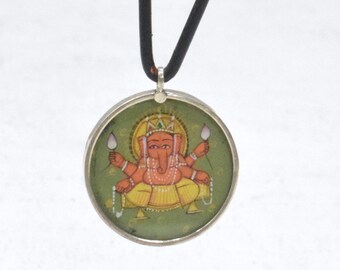 Hindu Elephant God Ganesha Silver Hand Painted Pendant