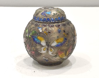 Chinese Silver Cloisonne Butterflies Round Storage Jar