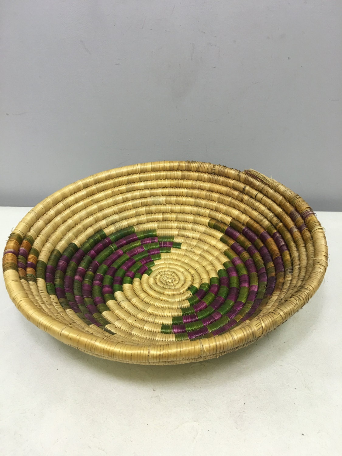 Basket African Tanzania Round Woven River Weeds Handmade Tribal Basket Reed Green Purple