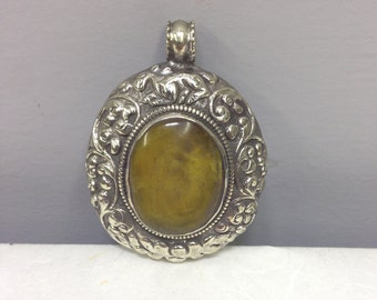 Tibetan Silver Copal Amber Pendant