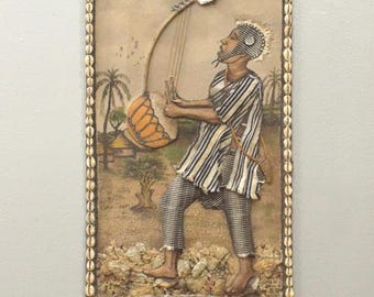 African Painted Guitar Playing Man with Cowrie Shells