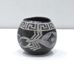 African Black White Etched Gourd Bowl Kamba Kenya