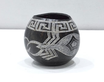 African Black White Etched Gourd Bowl Kamba Kenya