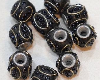 Beads India Silver Inlaid Black Glass Barrel Vintage Beads 12mm - 14mm