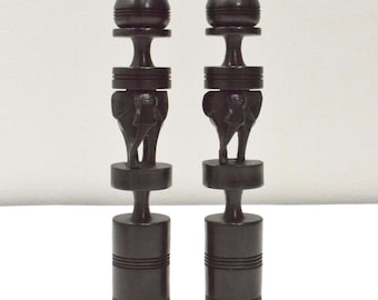 African Candle Stick Pair Ebony Wood Elephant Abstract Design Tanzania