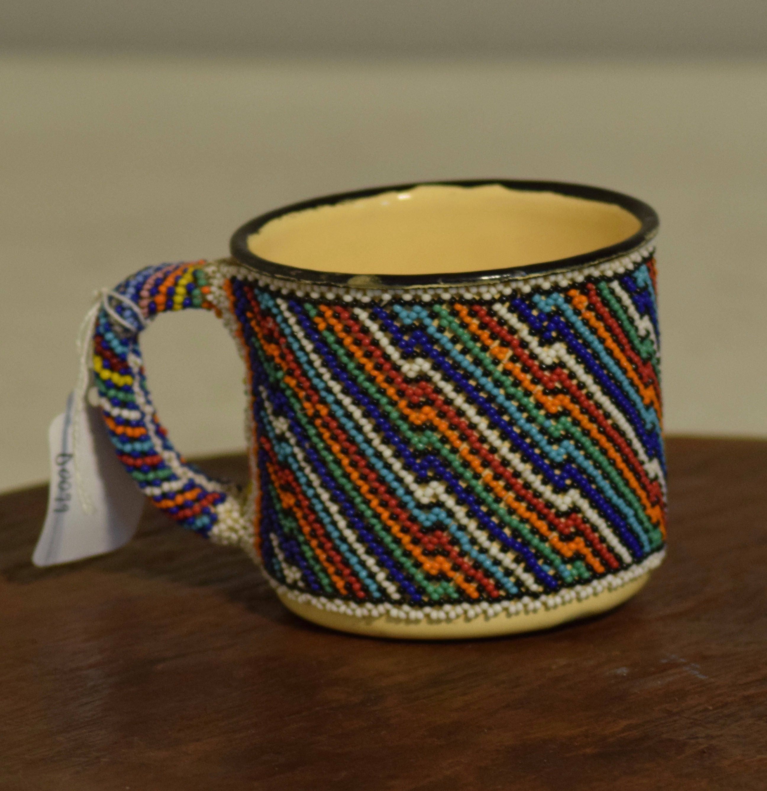 African Vintage Enamel Turquoise Orange Beaded Mug Handmade Zulu Mug