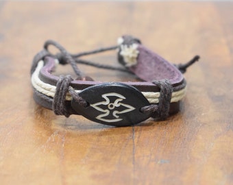 Bracelet Brown Leather Beige Hemp Brown Etched Bone Tie Bracelet